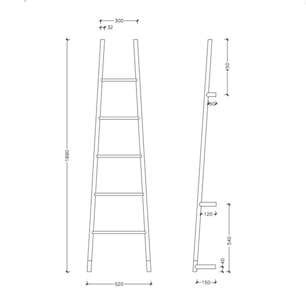 Technical drawing of Thermogroup Jeeves Tangent L heated towel rail, chrome, tapered ladder rail 520mm wide x 1890mm high