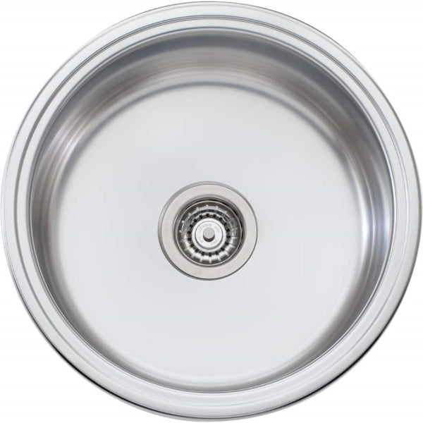 Oliveri Solitaire round stainless steel single bowl sink, top view, with central waste drain