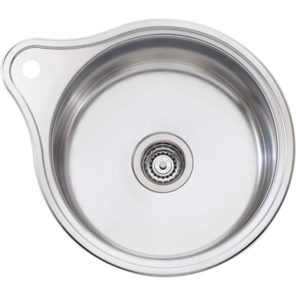 Oliveri Solitaire stainless steel round single bowl topmount kitchen sink with tap landing, top view