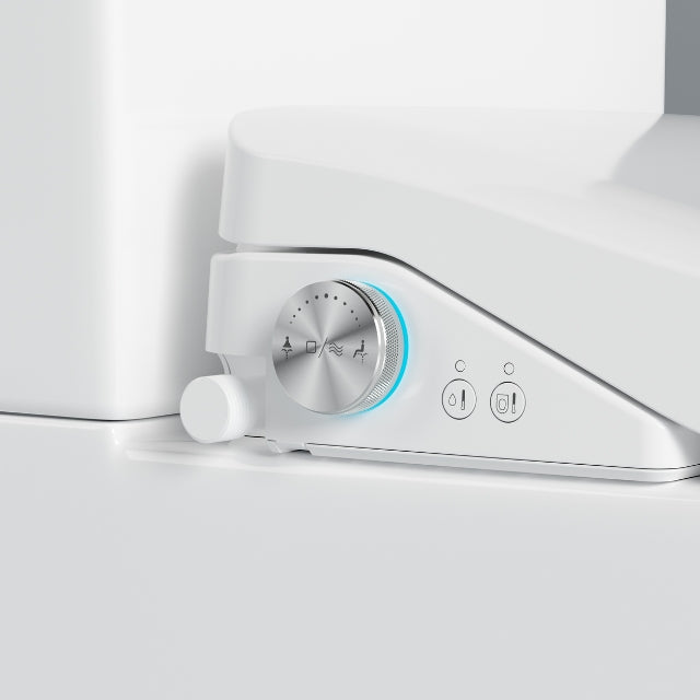 Lafeme Catania white bidet toilet seat side view with control dial and wash buttons on a toilet pan