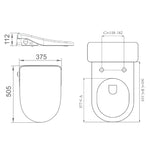 Lafeme Catania white bidet toilet seat technical drawing, showing side and top views with dimensions