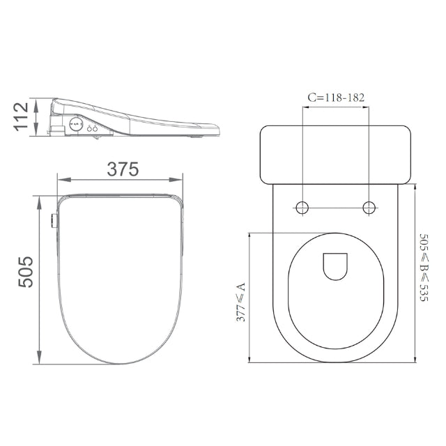Lafeme Catania white bidet toilet seat technical drawing, showing side and top views with dimensions