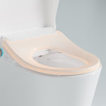 Lafeme Catania gloss white bidet toilet seat on toilet, showing heated seat and soft-close lid detail