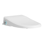 Lafeme Catania white bidet toilet seat, side view with control dial and soft curved lid