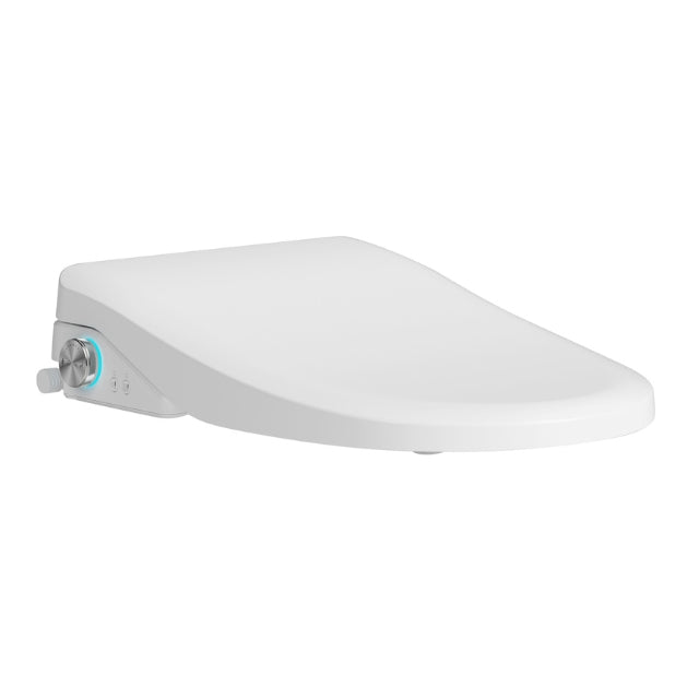 Lafeme Catania white bidet toilet seat, side view with control dial and soft curved lid