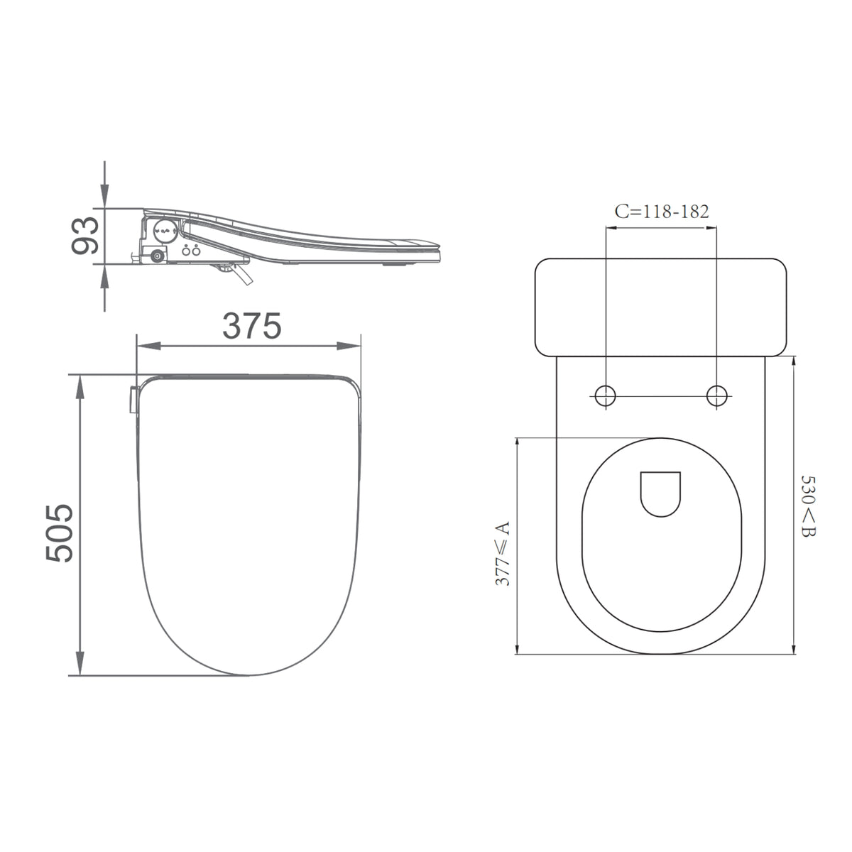 Technical dimension drawing of Lafeme Thea bidet toilet seat in gloss white, showing side and top views with measurements.
