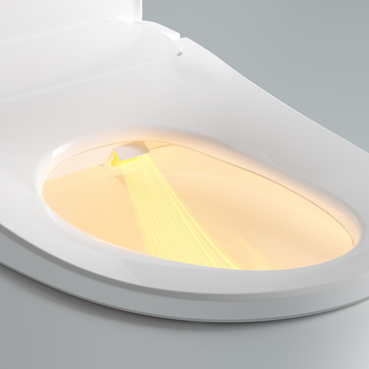 Lafeme Thea white bidet toilet seat close-up showing the bidet nozzle and warm wash spray feature