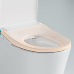 Lafeme Thea luxury bidet toilet seat in gloss white, shown on a toilet with heated seat glow and open lid.