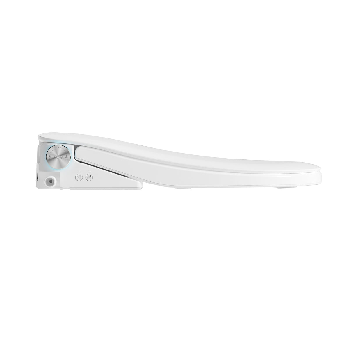 Lafeme Thea luxury bidet toilet seat in gloss white, side view with control dial and remote buttons visible