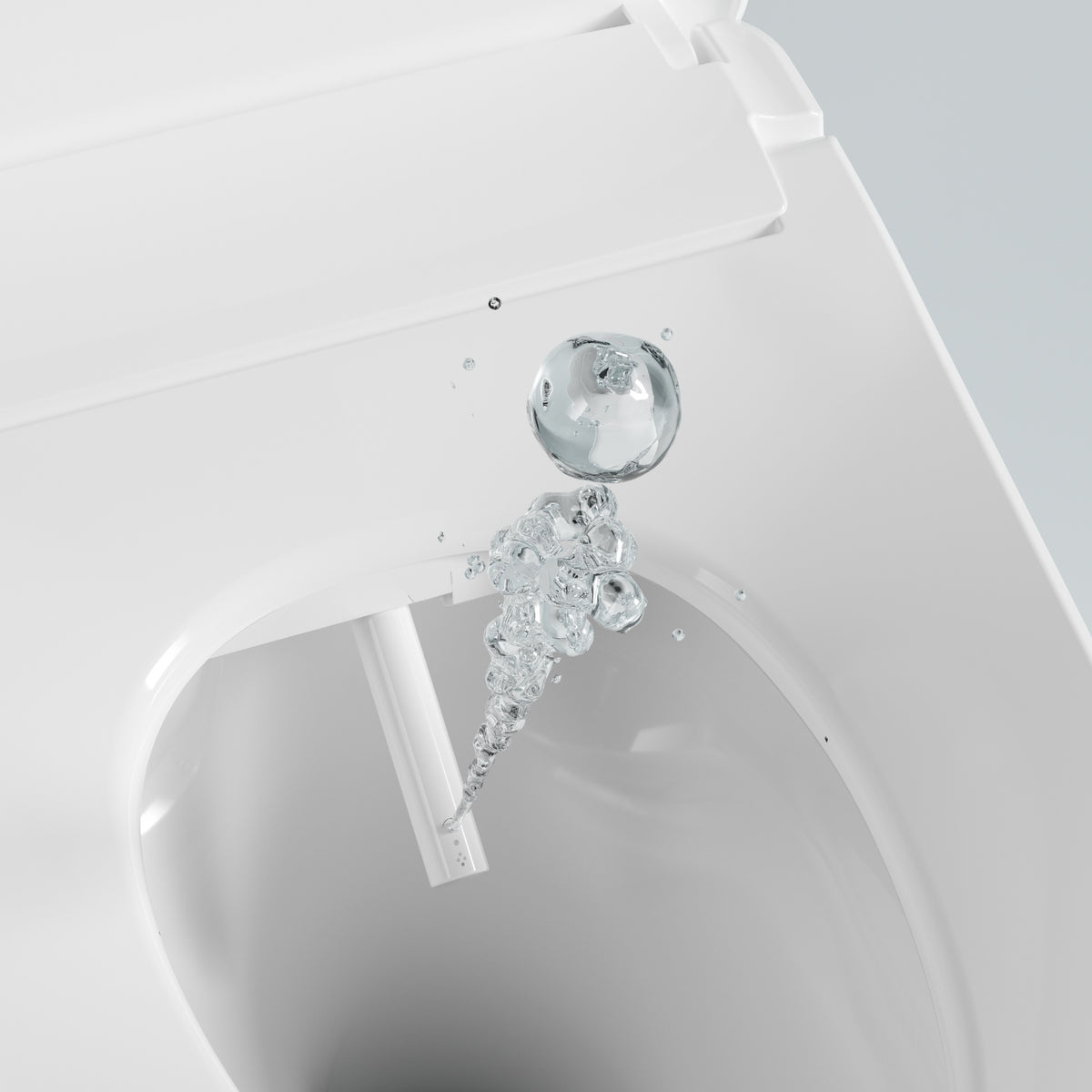 Close-up of Lafeme Thea white bidet toilet seat with water spray nozzle inside, shown in a clean, minimalist detail view