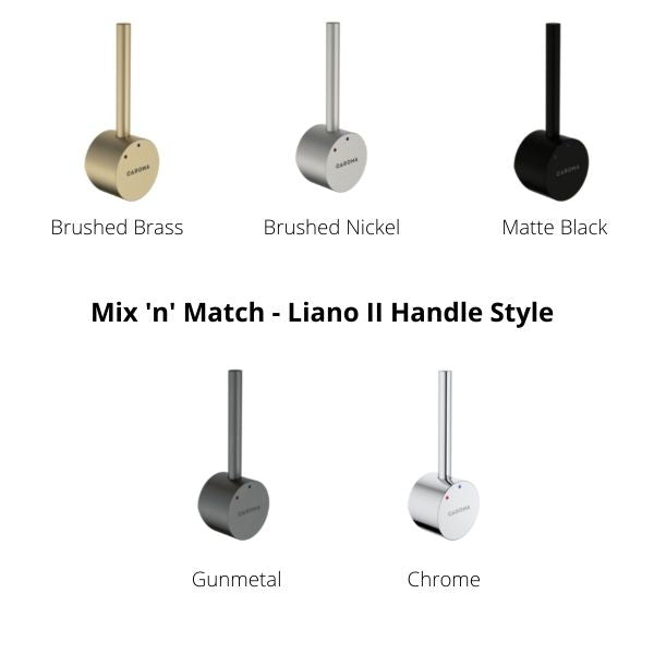 Caroma Liano II handle styles in brushed brass, brushed nickel, matte black, gunmetal and chrome on white background