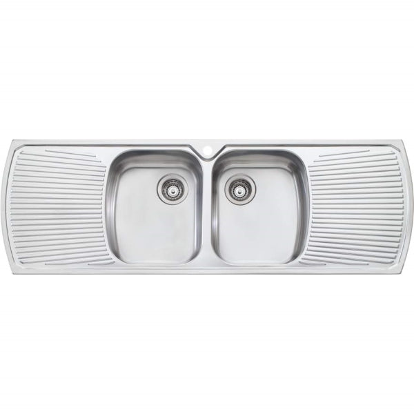 Oliveri stainless steel double bowl topmount kitchen sink with double drainer and 1 tap hole, front view