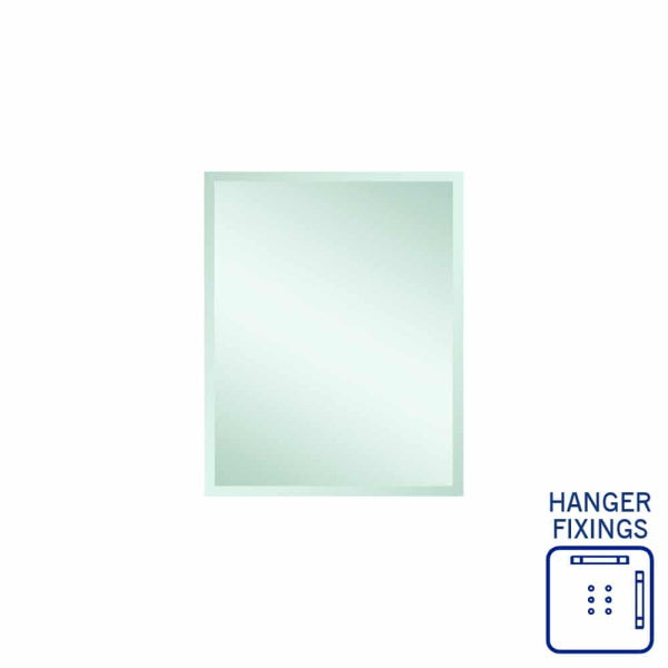 Thermogroup rectangular bevel edge mirror, front view, with 25mm frosted edge and hanger fixings icon