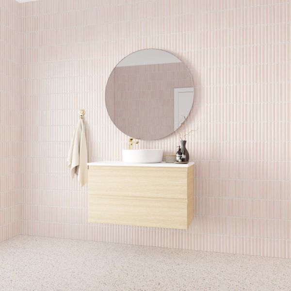 Marquis Marq wall hung vanity in coastal oak, with white top and round basin, shown in a bathroom setting