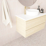 Marquis Marq wall hung vanity in coastal oak with white top and round basin, angled bathroom view