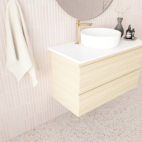 Marquis Marq wall hung vanity in coastal oak with white top and round basin, angled bathroom view