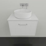Marquis Anna wall-hung ensuite vanity in matte white, with vertical panelled doors, benchtop and above-counter basin