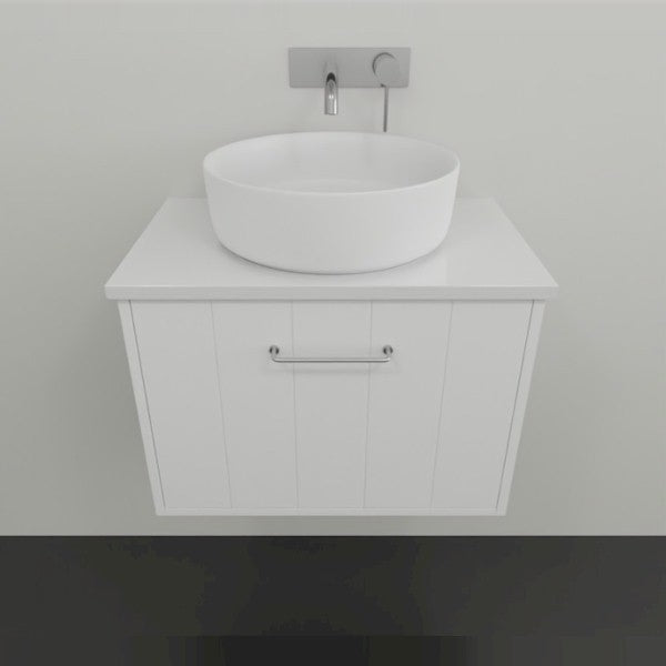 Marquis Anna wall-hung ensuite vanity in matte white, with vertical panelled doors, benchtop and above-counter basin