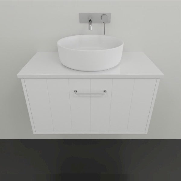 Marquis Anna wall-hung ensuite vanity in matte white, with drawer front, above-counter basin and chrome handle, front view