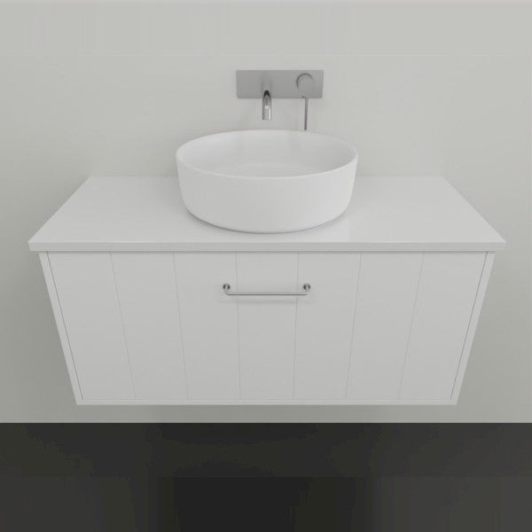 Marquis Anna wall hung ensuite vanity in matte white, with shiplap front, white benchtop and above-counter basin