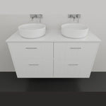 Marquis Anna wall hung vanity in matte white, with double bowls, four drawers and vertical panel detail