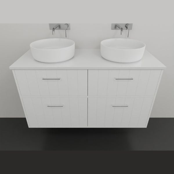 Marquis Anna wall hung vanity in matte white, with double bowls, four drawers and vertical panel detail