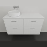 Marquis Anna white wall hung vanity with centre bowl, four drawers and shiplap front, shown in a bathroom setting