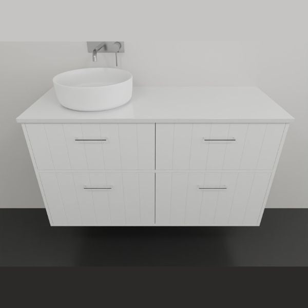 Marquis Anna white wall hung vanity with centre bowl, four drawers and shiplap front, shown in a bathroom setting