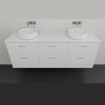 Marquis Anna white wall hung vanity with double bowl basins and drawers, shown front on against a plain wall.