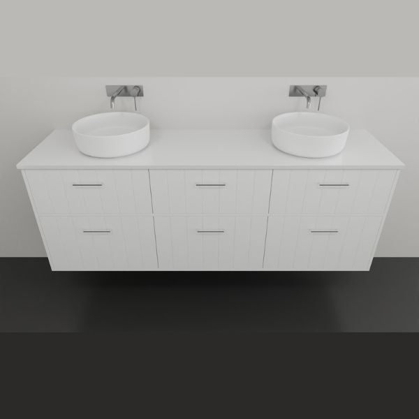 Marquis Anna white wall hung vanity with double bowl basins and drawers, shown front on against a plain wall.