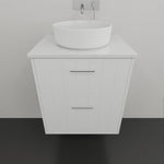 Marquis Anna wall hung vanity in matte white, front view with oval above-counter basin and two drawers