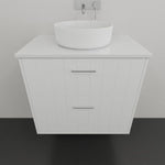 Marquis Anna wall hung vanity in white matte, with shiplap panels, two drawers and above-counter basin, front view