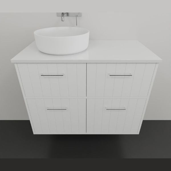 Marquis Anna wall hung vanity in white matte finish with round above-counter basin, front view