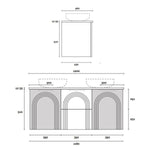 Marquis Arco wall hung vanity technical drawing, 1200mm three-door front view with arched V-groove detail and basin cut-outs