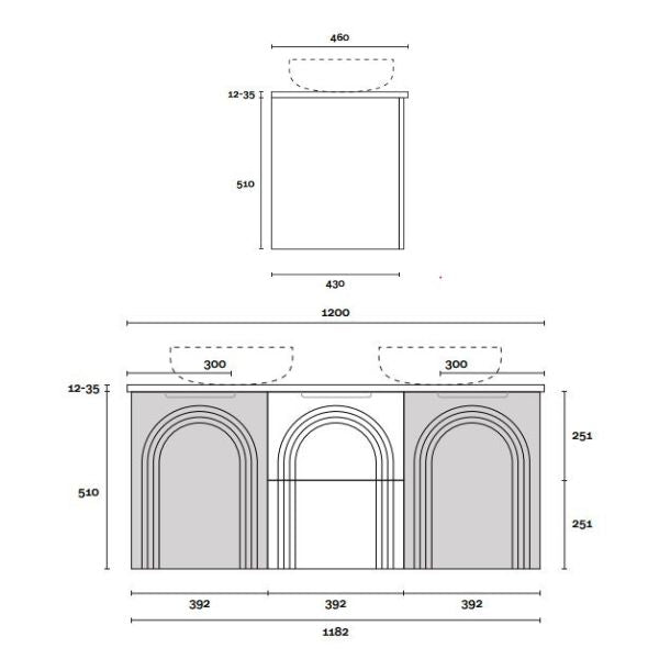 Marquis Arco wall hung vanity technical drawing, 1200mm three-door front view with arched V-groove detail and basin cut-outs