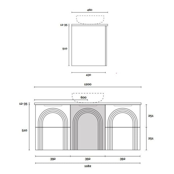 Marquis Arco wall hung vanity technical drawing with arched front detail and 1200mm width, centre basin layout