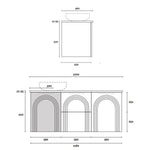 Marquis Arco wall hung vanity technical drawing, 1200mm wide, with arched front panels and single above-counter basin layout