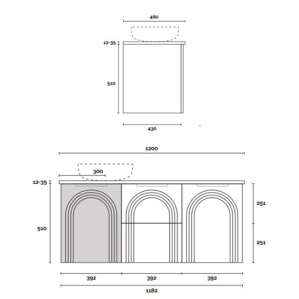 Marquis Arco wall hung vanity technical drawing, 1200mm wide, with arched front panels and single above-counter basin layout