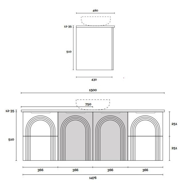 Marquis Arco wall hung vanity technical drawing, 1500mm four-door front with arched V-groove fronts and centre bowl basin outline