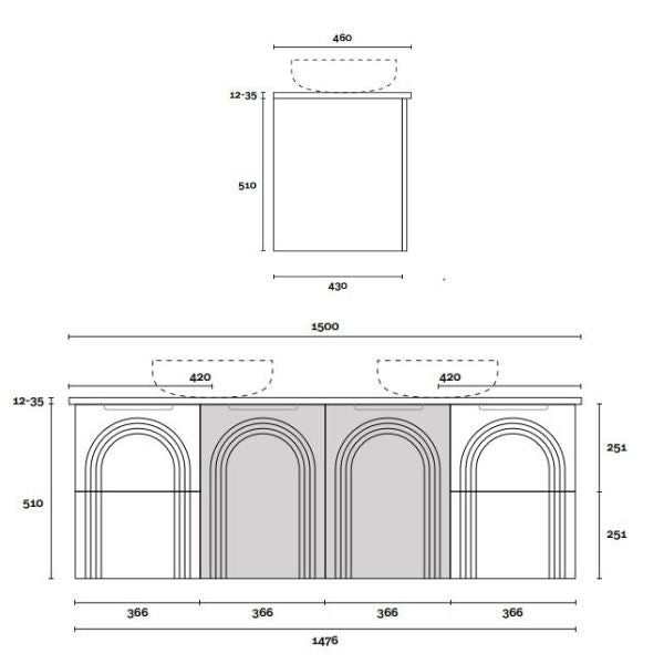 Technical drawing of Marquis Arco wall hung vanity, front and side dimensions for 1500mm four-door unit with twin basins.