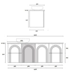 Marquis Arco wall hung vanity technical drawing, 1500mm four-door cabinet with arched fronts and above-counter basin dimensions shown