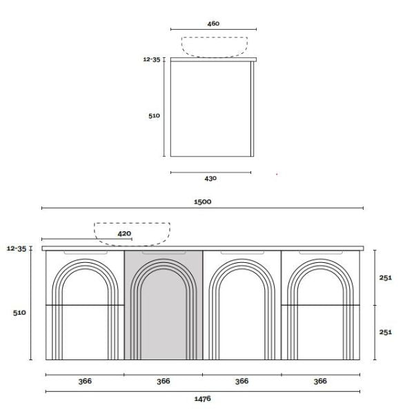 Marquis Arco wall hung vanity technical drawing, 1500mm four-door cabinet with arched fronts and above-counter basin dimensions shown
