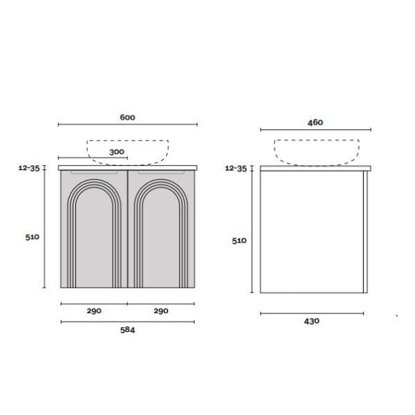 Marquis Arco wall hung vanity dimension drawing, 600mm, showing front and side views with arched cabinet doors and basin top outline
