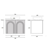 Marquis Arco wall hung vanity technical drawing, 750mm wide, with arched front doors and basin dimensions shown in front and side views