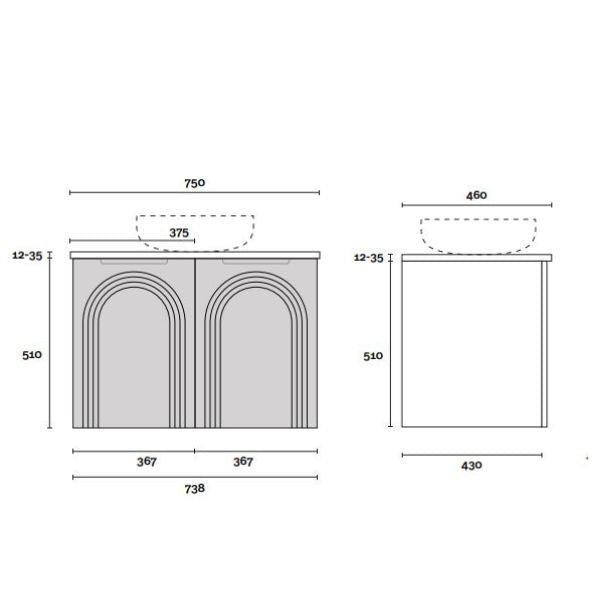 Marquis Arco wall hung vanity technical drawing, 750mm wide, with arched front doors and basin dimensions shown in front and side views