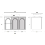 Marquis Arco wall hung vanity technical drawing, 900mm wide, front and side views with arch-detailed cabinet front