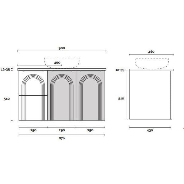 Marquis Arco wall hung vanity technical drawing, 900mm wide, front and side views with arch-detailed cabinet front