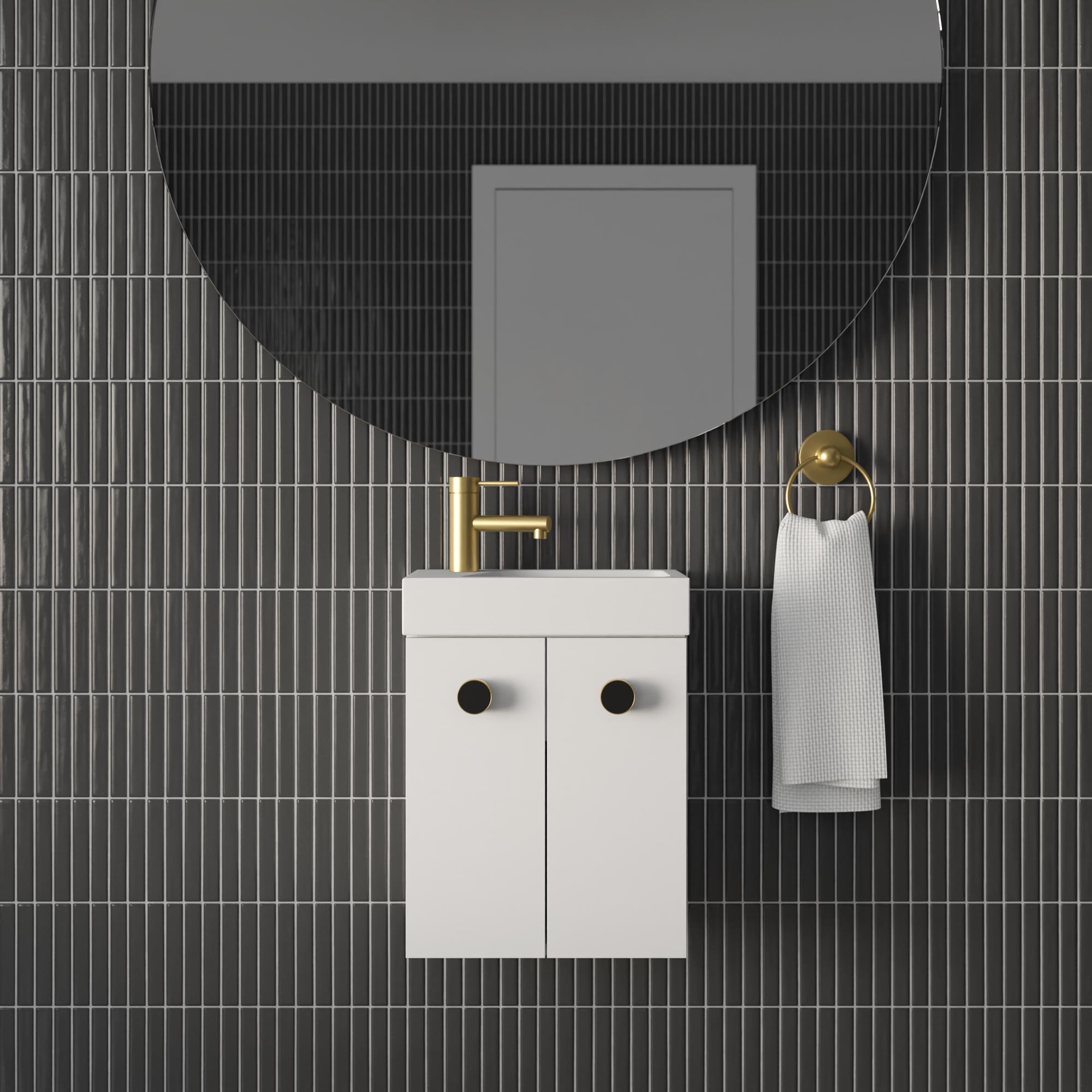 Marquis Asti Baby compact wall hung vanity in white matte with black knobs and brushed gold tapware