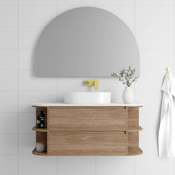 Marquis Avion wall hung vanity in woodgrain finish with white basin, curved shelves and top, shown in a bathroom setting