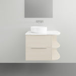 Marquis Avion wall hung vanity in light wood finish with white top, round basin and curved right shelves
